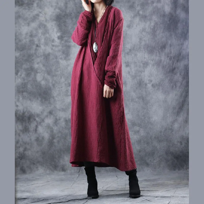 Oversized patchwork Sweater knit top pattern plus size burgundy v neck Mujer knit dress fall