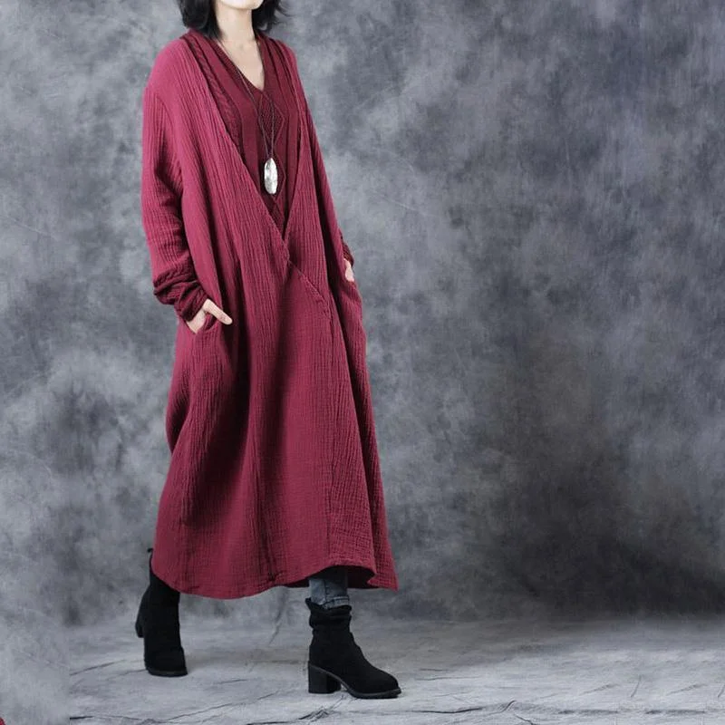 Oversized patchwork Sweater knit top pattern plus size burgundy v neck Mujer knit dress fall