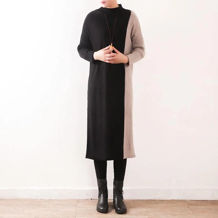 Oversized Sweater dress outfit Moda high neck patchwork black Mujer knit dress