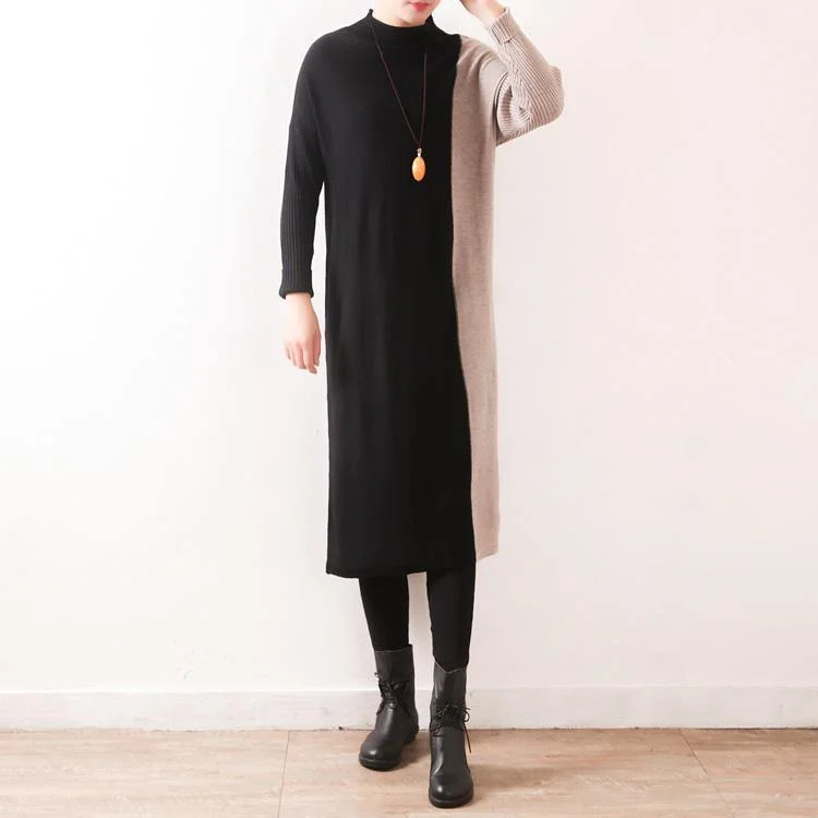 Oversized Sweater dress outfit Moda high neck patchwork black Mujer knit dress