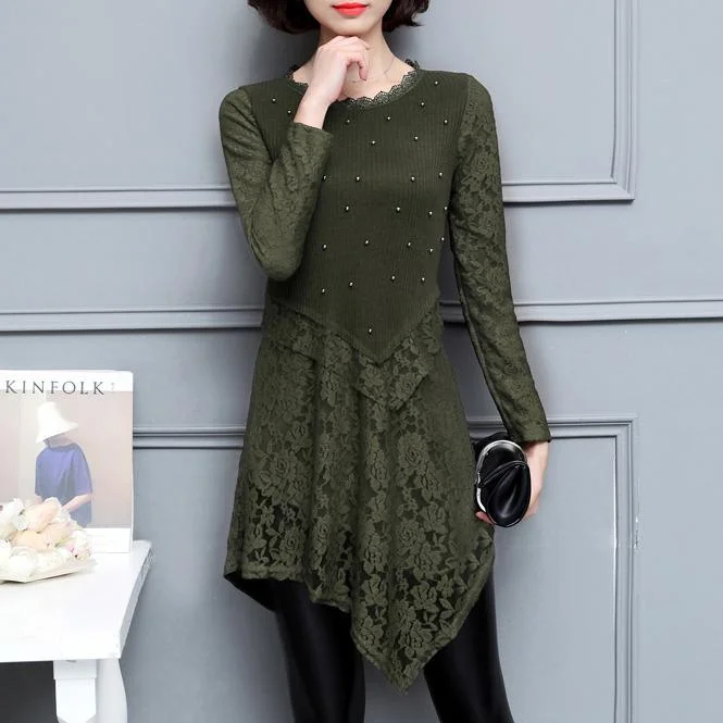 Patchwork lace knit dresses baggy loose slim o neck women dress