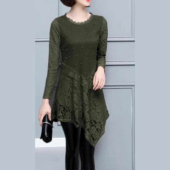 Patchwork lace knit dresses baggy loose slim o neck women dress