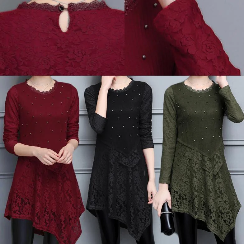 Patchwork lace knit dresses baggy loose slim o neck women dress