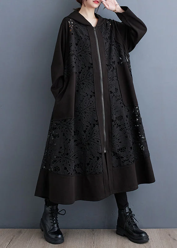 Plus Size Black Oversized Patchwork Hollow Out Cotton Coat Spring