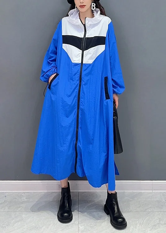 Plus Size Blue Hooded Pockets Patchwork Long Coat Fall