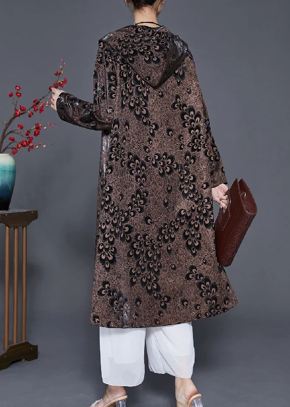 Plus Size Brown Hooded Print Spandex Coat Outwear Spring