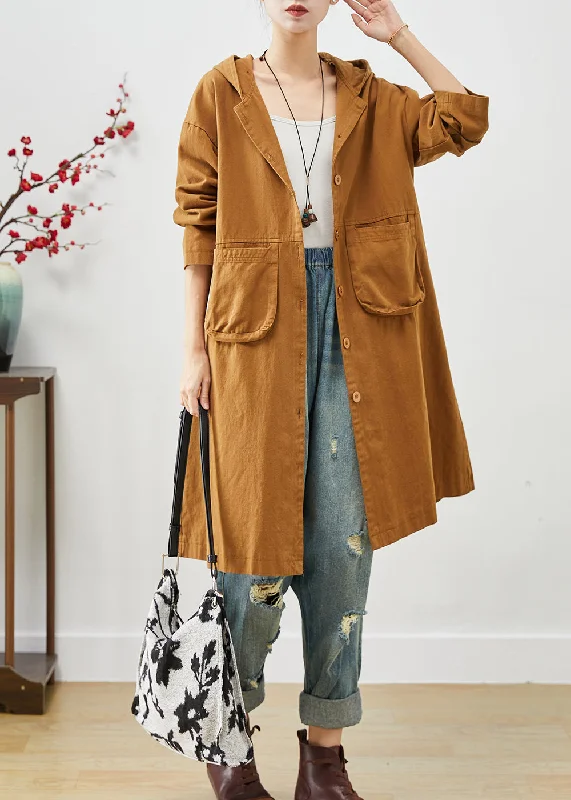 Plus Size Orange Hooded Pockets Cotton Coat Outwear Spring