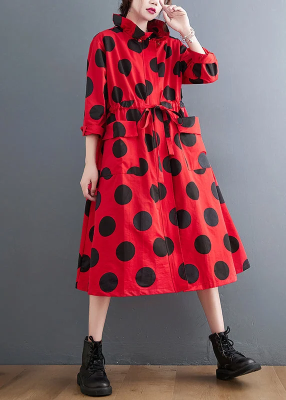 Plus Size Red Ruffled Pockets Dot Drawstring Cotton Coats Spring