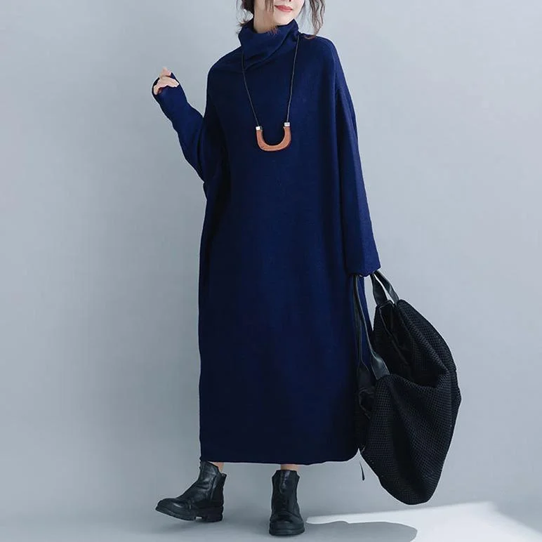 Pullover blue Sweater dress outfit Upcycle baggy spring high neck patchwork knit dress