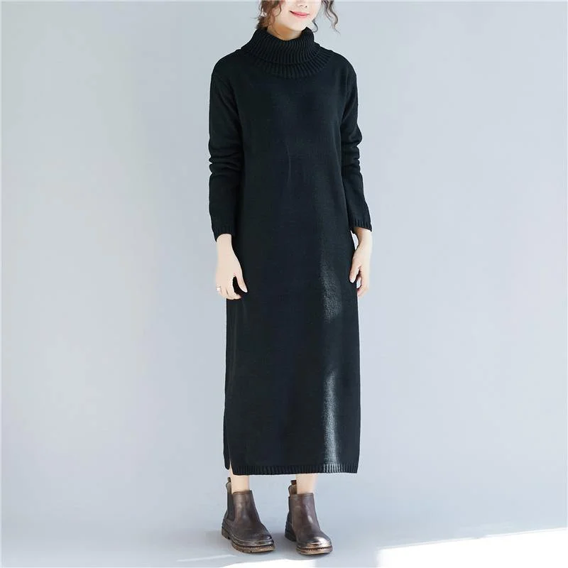 Pullover high neck Sweater dresses Vintage side open black daily knitted dress fall