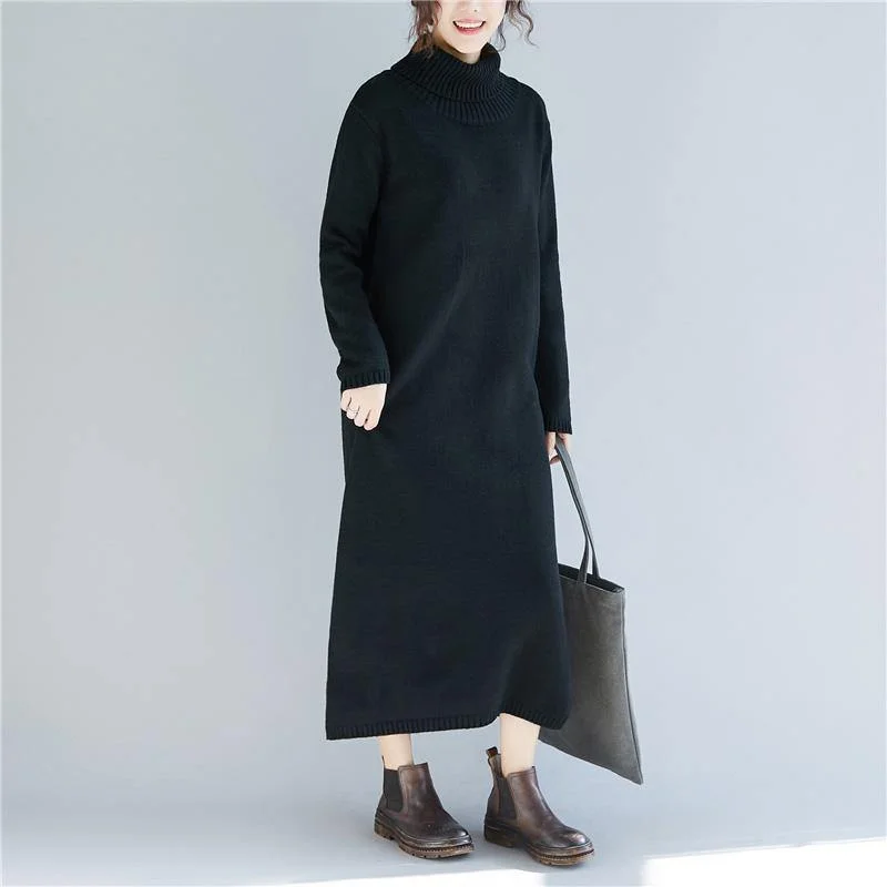 Pullover high neck Sweater dresses Vintage side open black daily knitted dress fall