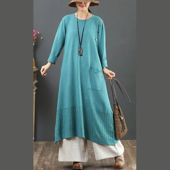 Pullover one pockets Sweater o neck dress outfit DIY blue baggy knit dress