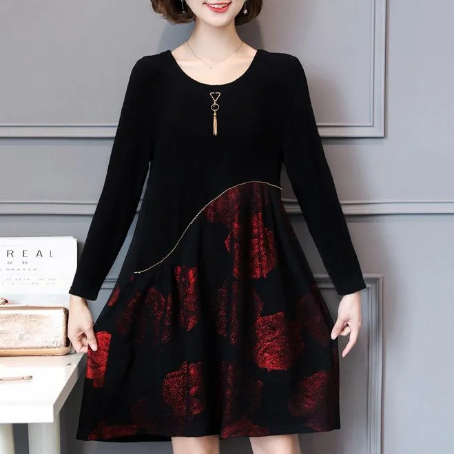 red prints knit dress plus size casual patchwork women dress