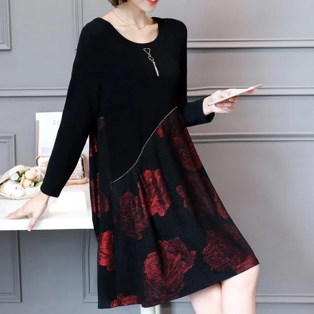 red prints knit dress plus size casual patchwork women dress