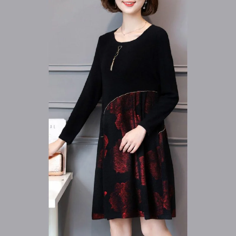 red prints knit dress plus size casual patchwork women dress