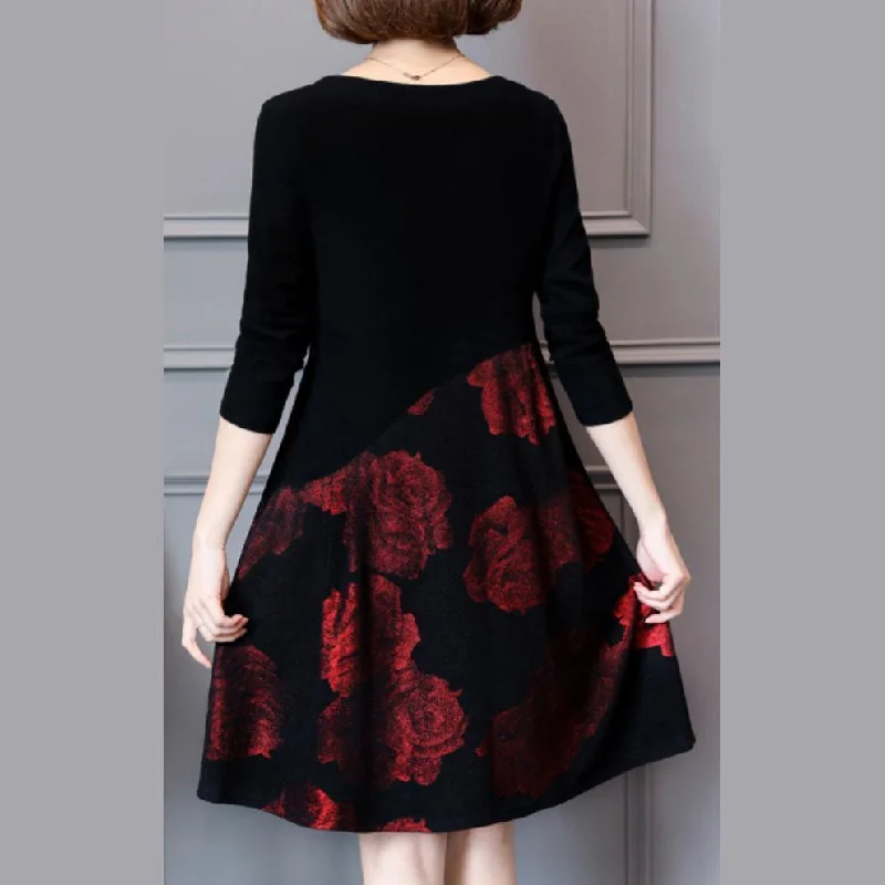 red prints knit dress plus size casual patchwork women dress