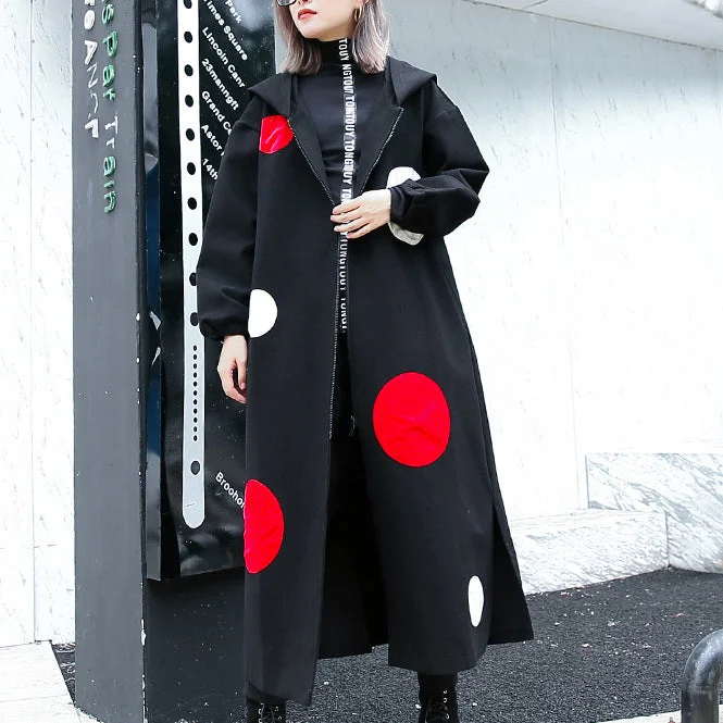 fine black dotted long coat plus size hooded maxi coat women side open baggy coats