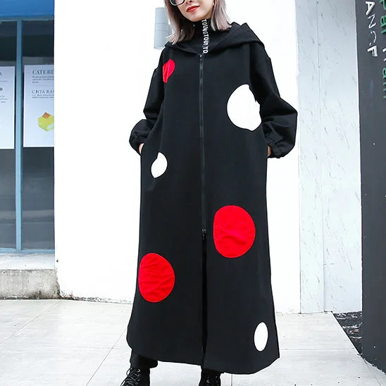 fine black dotted long coat plus size hooded maxi coat women side open baggy coats