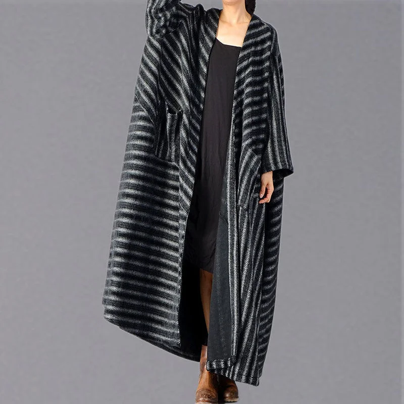 fine black striped maxi coat plus size pockets long coat women large hem winter coats