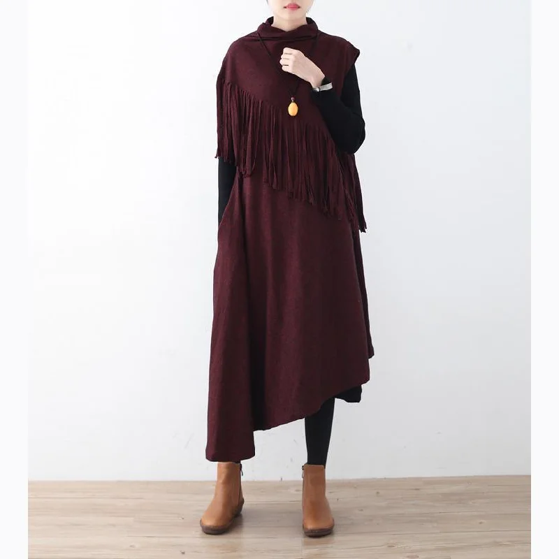 vintage burgundy knit dresses trendy plus size tassel winter dress Elegant asymmetric hem pullover