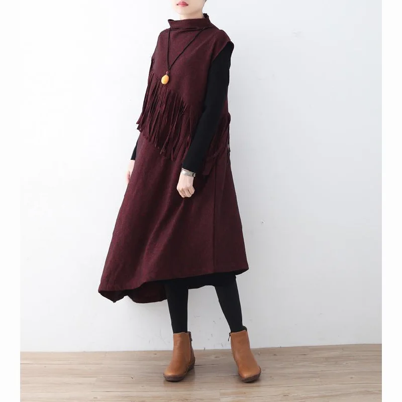 vintage burgundy knit dresses trendy plus size tassel winter dress Elegant asymmetric hem pullover