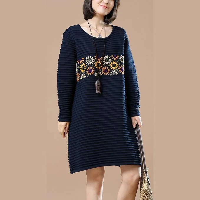 vintage navy joyful sunflower knit dresses spring fashion sweaters vintage long sweaters