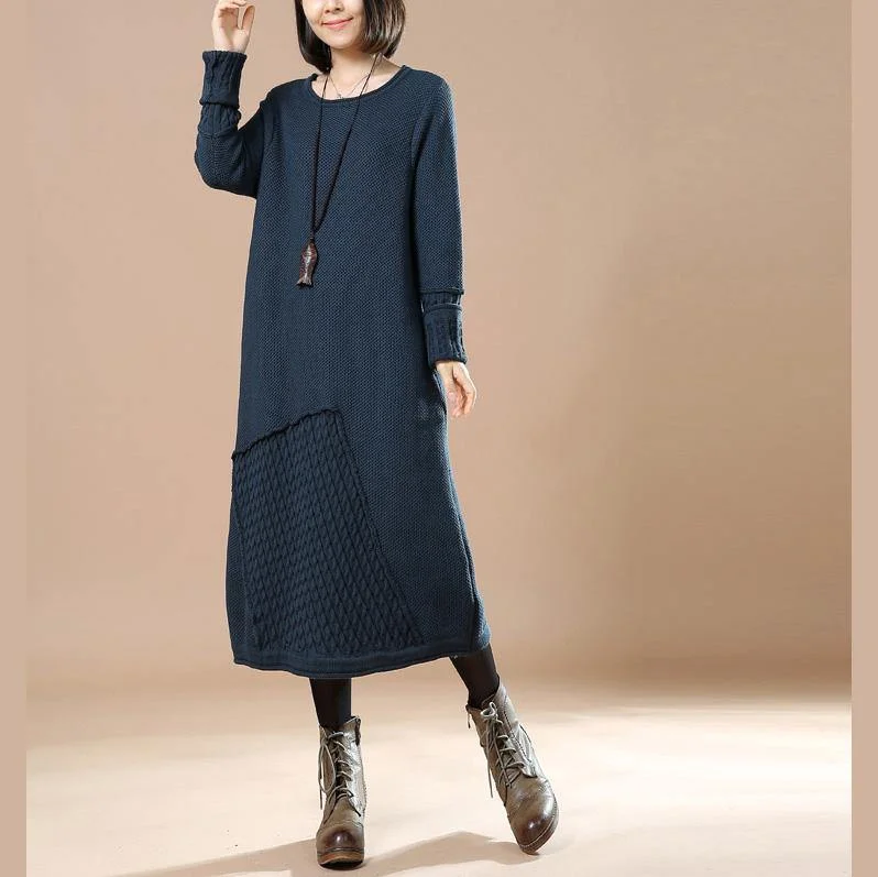 warm navy cable knit sweaters knit dress plus size clothing sweater women patchwork spring dresses