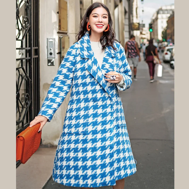 women blue white Plaid Wool Coat casual Notched long coat boutique pockets long coats