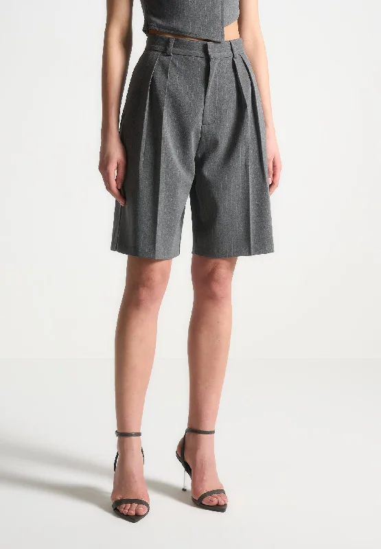 Pinstripe Tailored City Shorts - Grey