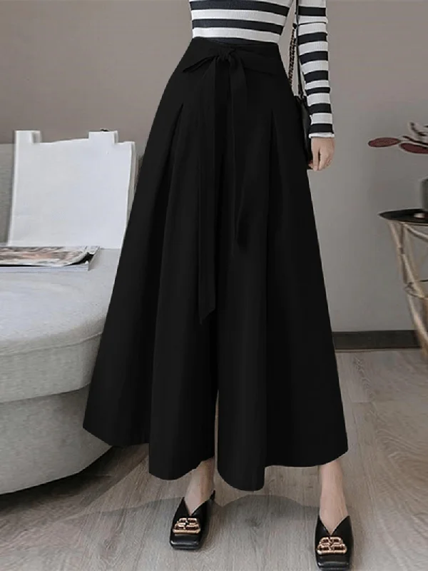 Women Solid Color Tie Front Casual Wide Leg Pants with Pocket