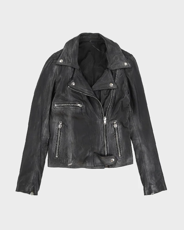 Black Leather Biker Zip Jacket - XXS