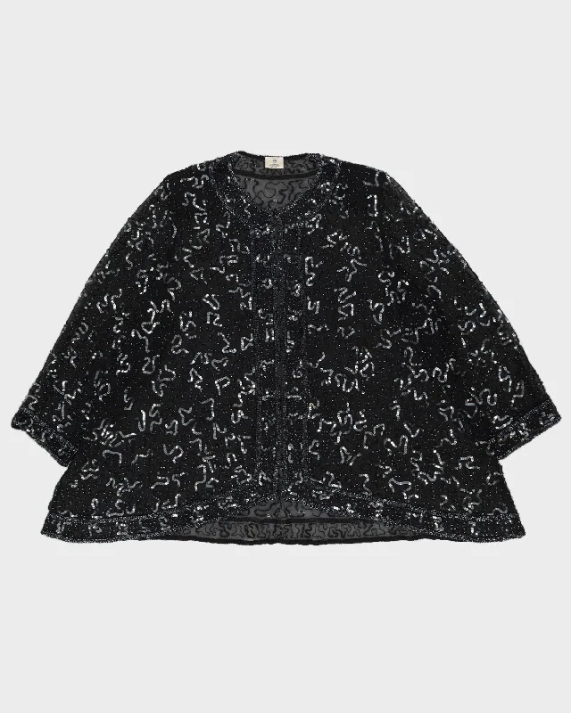 Black Silk Sequinned Open Jacket Top - XXXL