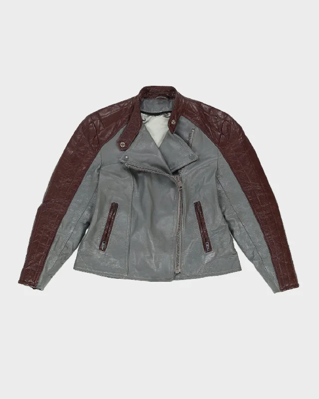 Burgundy And Grey Leather Biker Jacket - S