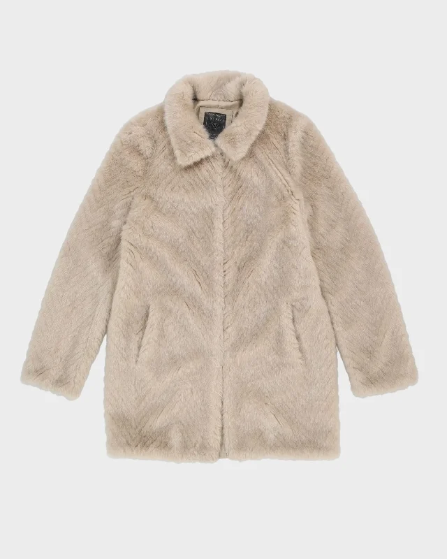 Guess Beige A-Line Faux Fur Jacket - XS