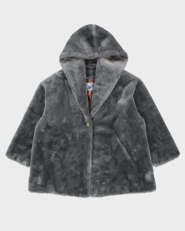 Y2K Grey Hooded Faux Fur Jacket - XL