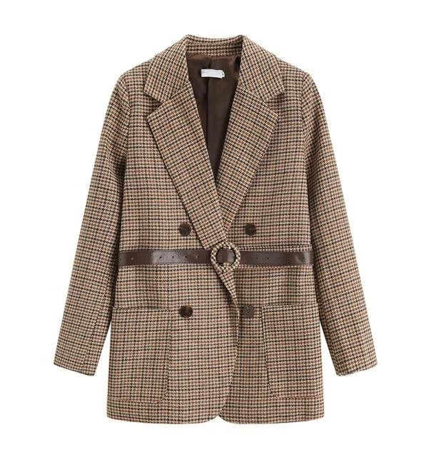 Vintage Houndstooth Plaid Women Blazers