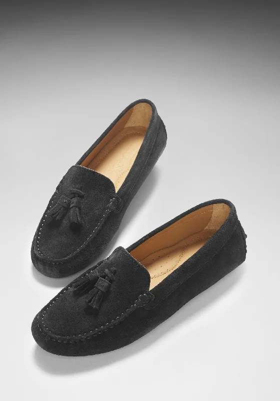 Women's Tasselled Driving Loafers, black suede