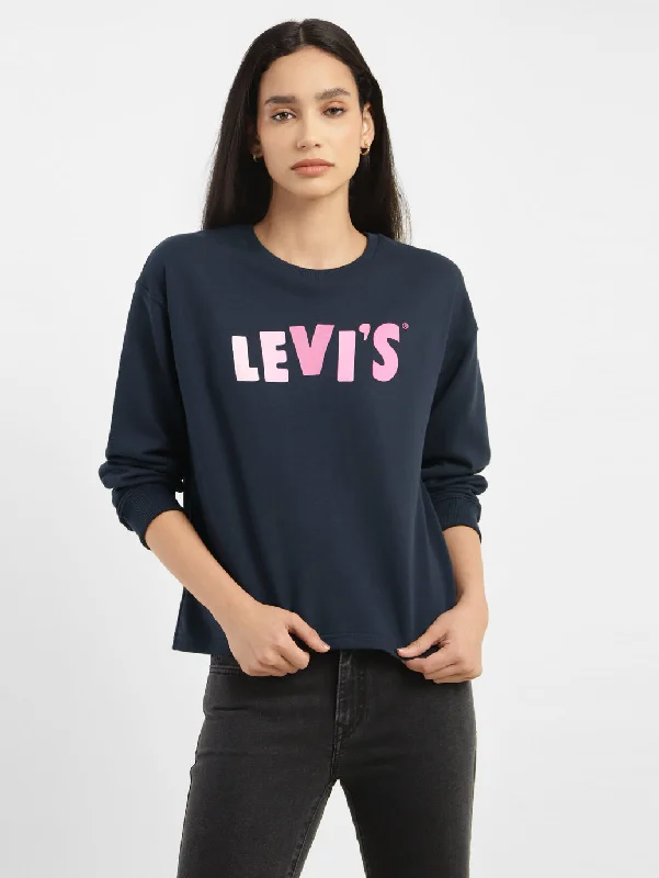 Women's Graphic Print Navy Crew Neck Sweatshirt