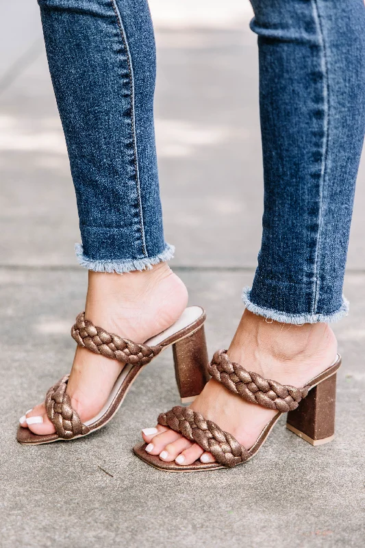 Stylish and supportive women's shoes for high archesAll My Love Bronze Brown Braided Heels