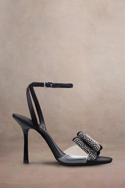 Stunning and glamorous women's shoes for evenings outBowing | Black Satin Heeled Sandals With Diamante Bows