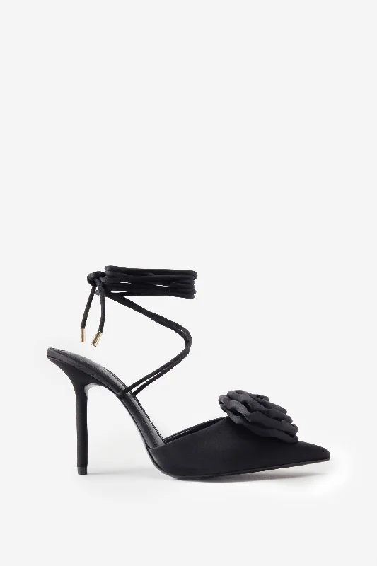 Stylish and comfortable women's shoes for long days at workClearly | Black Satin Lace-Up Stiletto Heels With Flowers