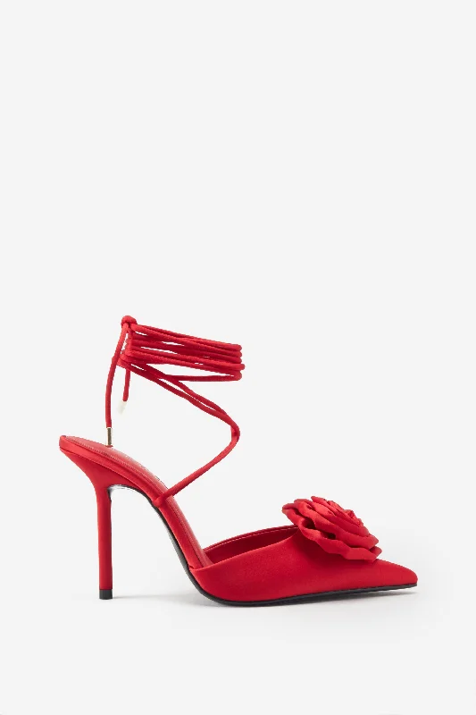 Versatile and stylish women's shoes for everyday chicClearly | Red Satin Lace-Up Stiletto Heels With Flowers