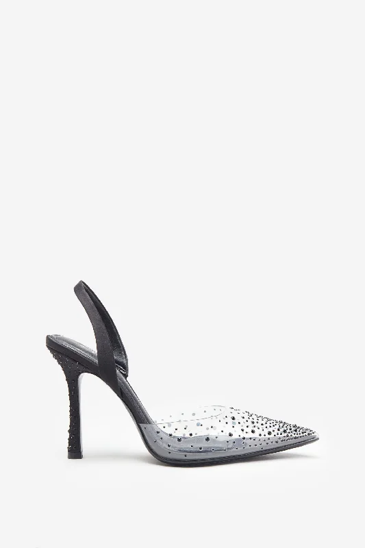 Stylish and comfortable women's shoes for long flightsCovergirl | Black Diamante Sling Back Pointed Heels