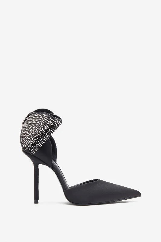 Bold and unique women's shoes for fashion-forward individualsFlashing Lights | Black Satin Pointed Court Heels With Diamante Bows