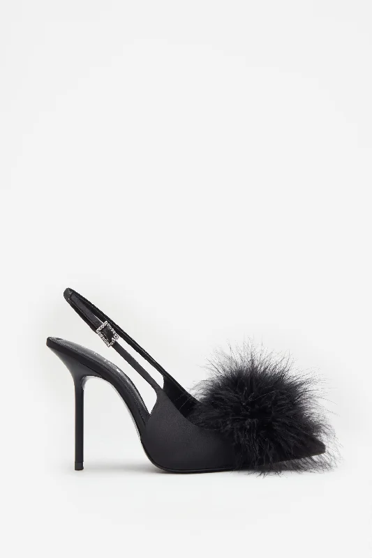 Elegant and sophisticated women's shoes for red carpet eventsHigh Pitched | Black Satin Sling Back Heels With Pom Poms