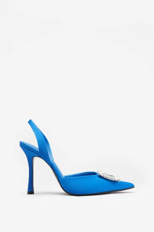 Elegant and classic women's shoes for prom nightJust A Fling | Blue Satin Sling Back Heels With Diamante Brooches