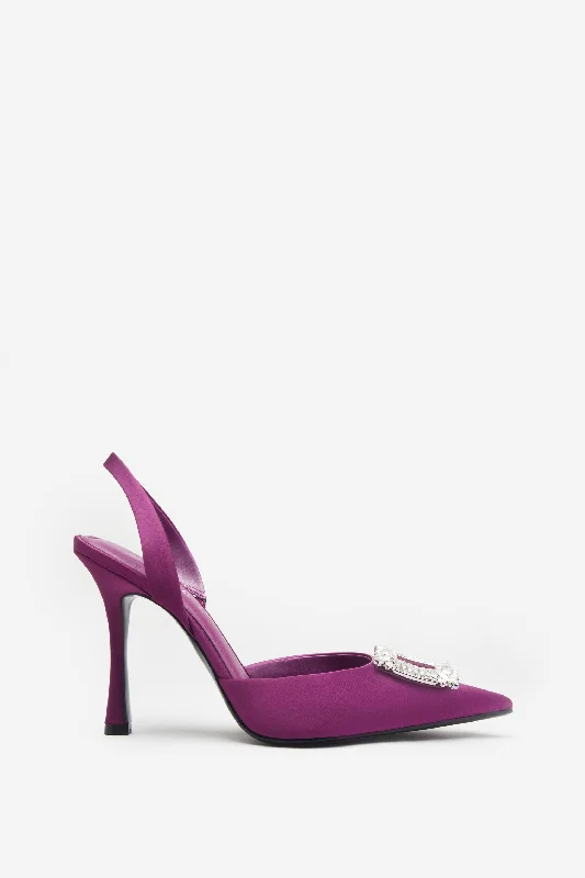 Stylish and supportive women's shoes for plantar fasciitisJust A Fling | Purple Satin Sling Back Heels With Diamante Brooches