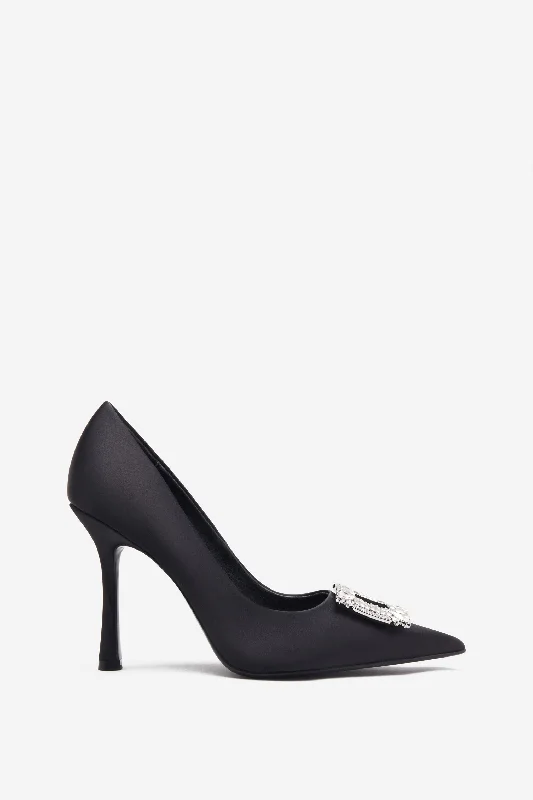Stylish and comfortable women's shoes for long flightsLawless | Black Satin Pointed Court Heels With Diamante Brooches