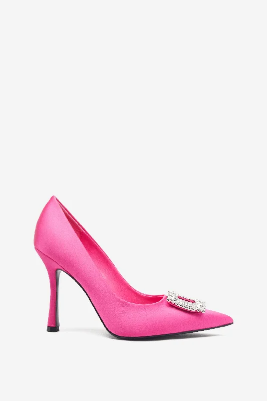 Bold and unique women's shoes for fashion-forward individualsLawless | Hot Pink Satin Pointed Court Heels With Diamante Brooches
