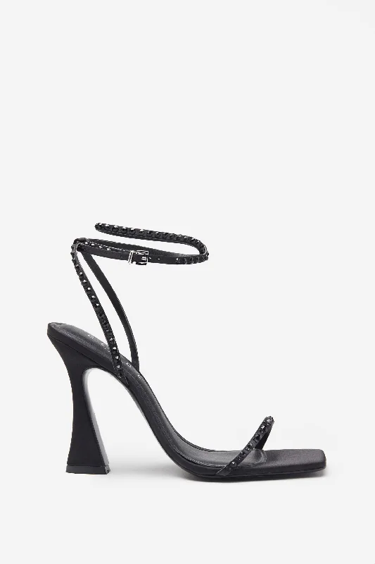 Comfortable and supportive women's shoes for all-day wearNostalgia | Black Satin Heeled Sandals With Diamante Straps
